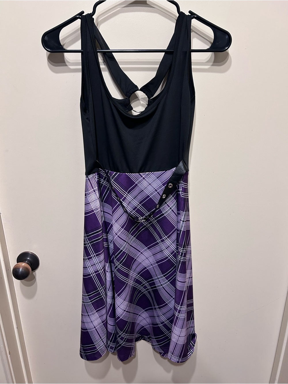 Black & Purple Plaid Punk Skater Dress with Belt and O Ring Detail